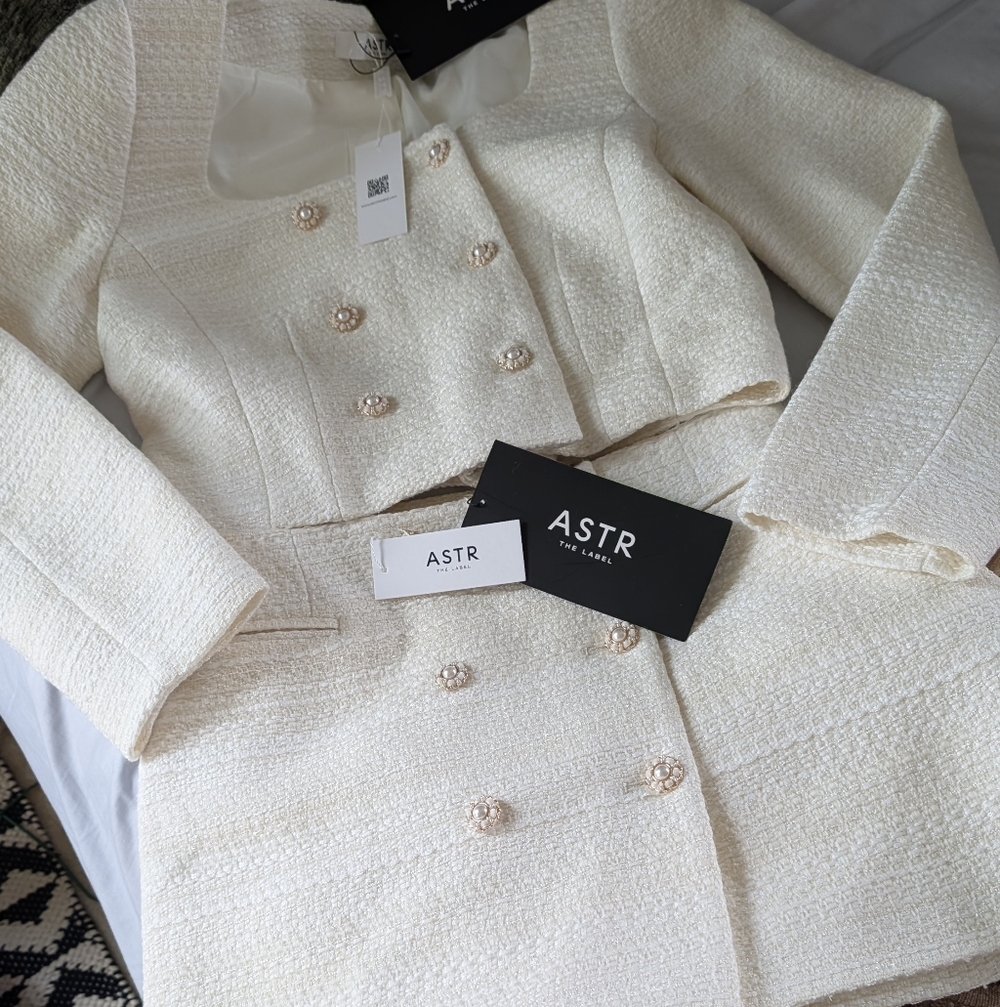 Astr Cream Tweed Double-Breasted Cropped Blazer & Mini Skirt Set - Picture 6 of 11